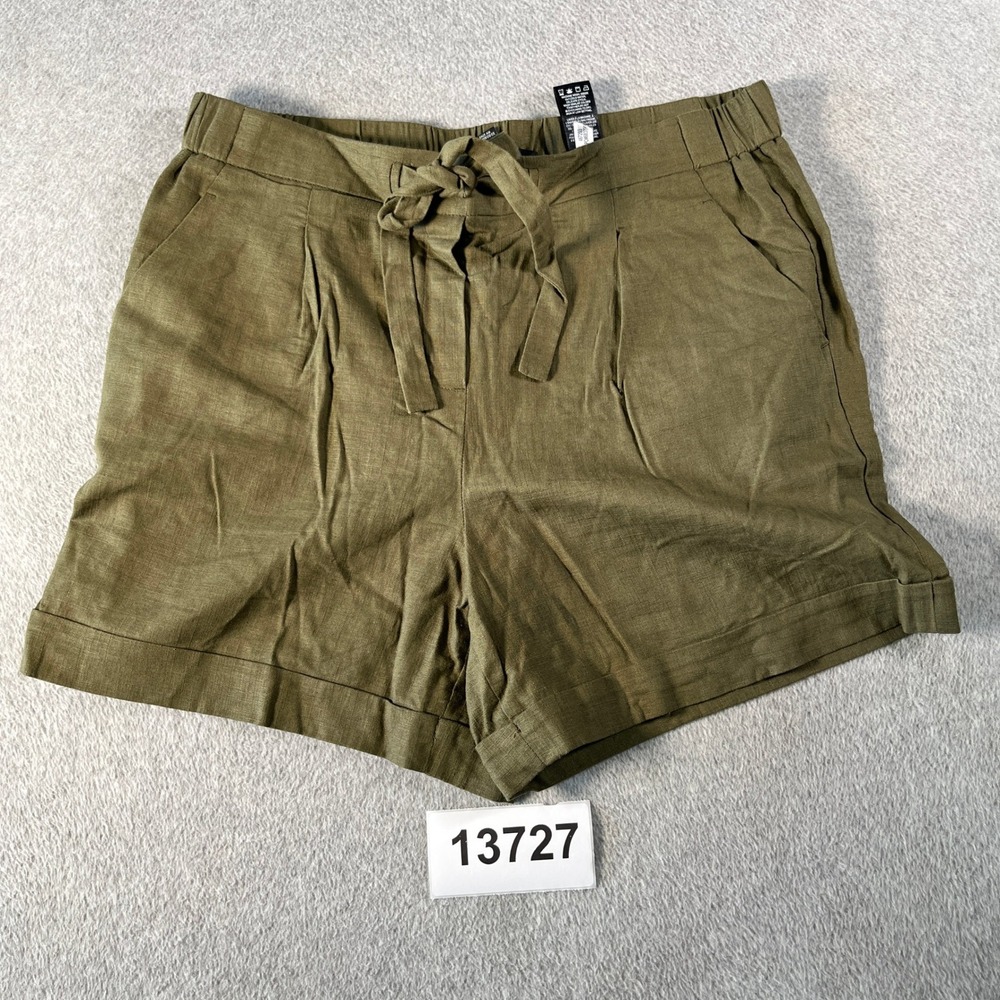 RW&CO Shorts Women Large Olive Green Excellent Linen Blend Tie Waist Cuffed